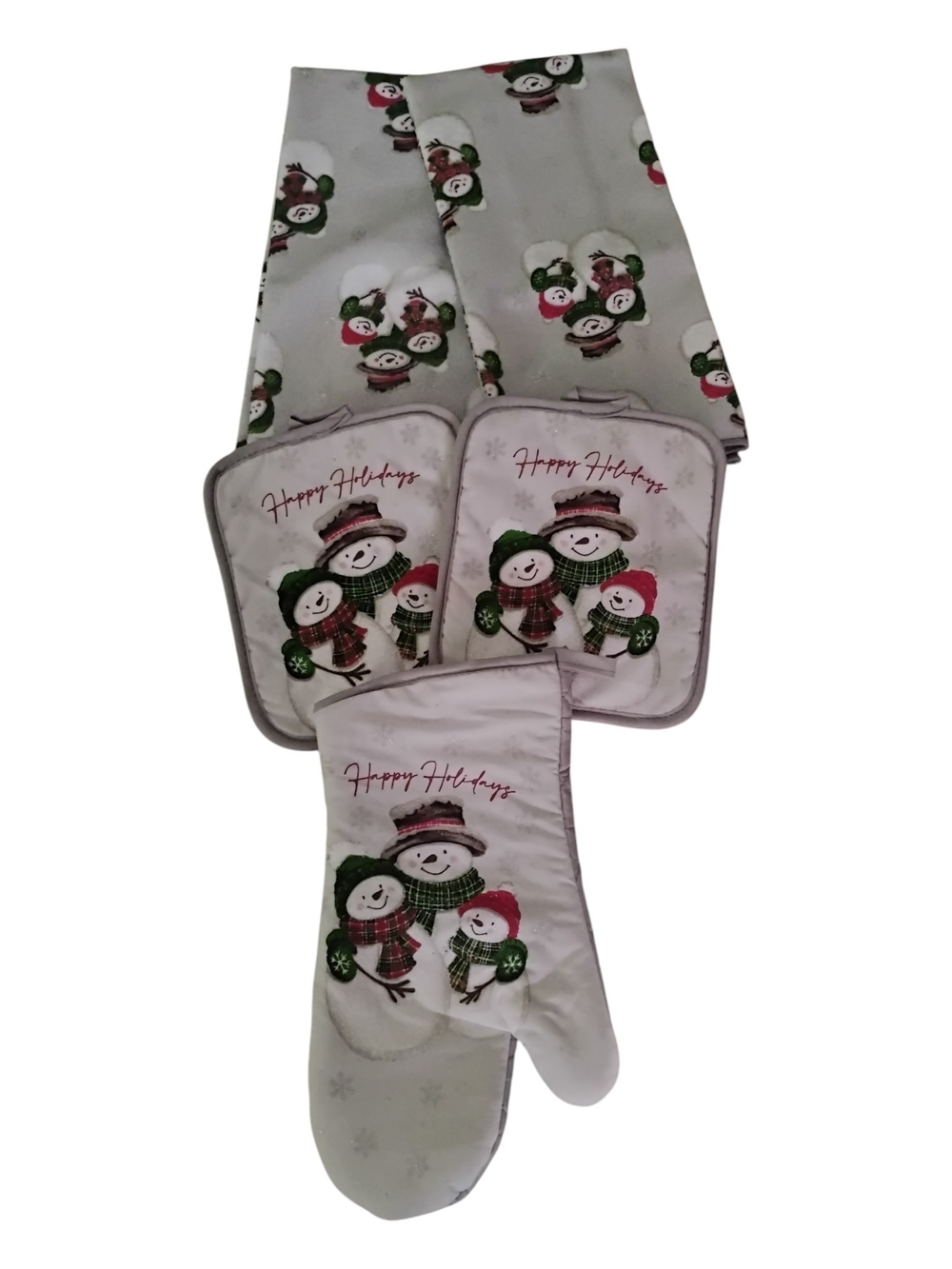Happy Holidays Snowman Kitchen Set Oven Mitt Pot Holder Towels